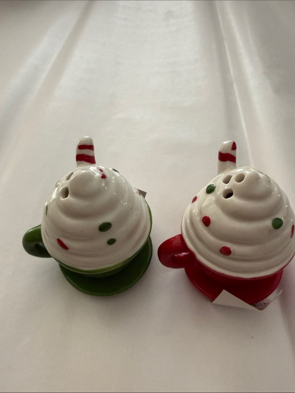 Cracker Barrel Red & Green Holiday Whipped Cream Mug Salt and Pepper Shakers